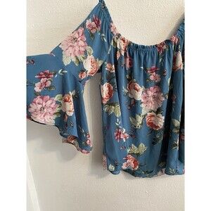 Boho Off Shoulder M Blouse Blue Floral Flutter Flowy Fairy Dainty Romantic D2